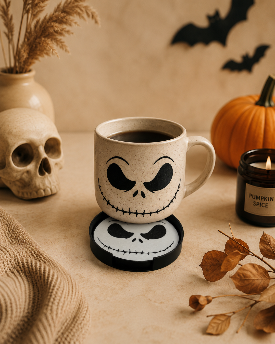 Jack Skellington Inspired Coaster Set of 6 | Halloween Drink Coasters | Gothic Home Decor | Spooky Gift