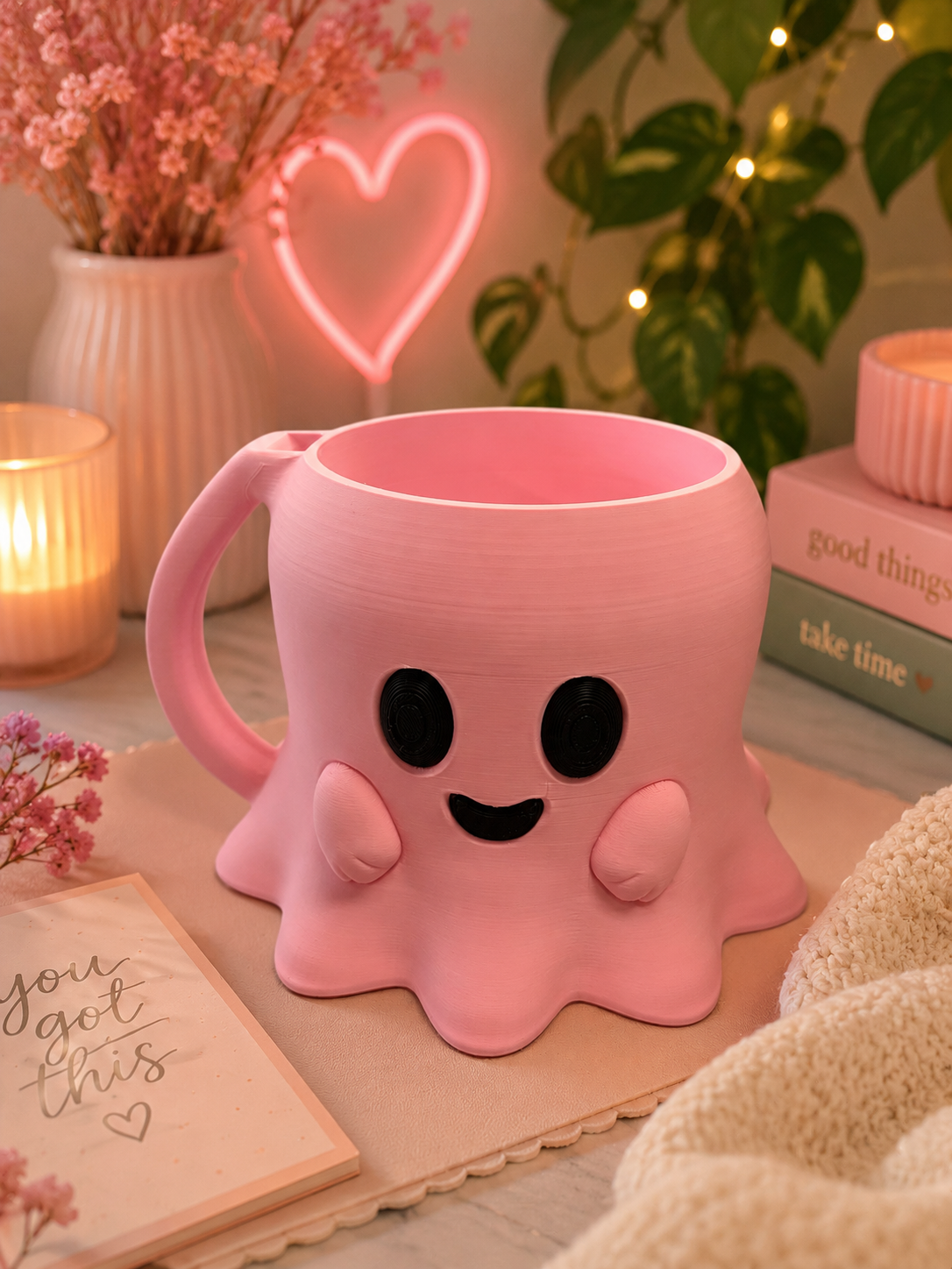 👻 Pink Ghost Ice Cream Pint Holder – 16oz Ice Cream Cozy | 3D Printed