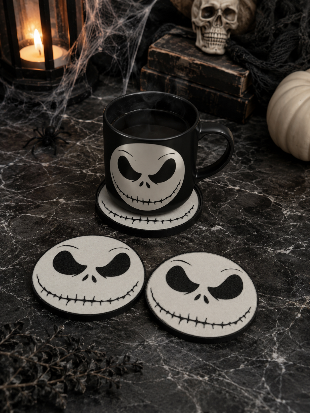 Jack Skellington Inspired Coaster Set of 6 | Halloween Drink Coasters | Gothic Home Decor | Spooky Gift