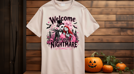 Welcome to Our Nightmare Halloween Shirt | Pink Gothic Couple Tee | Spooky Season Graphic T-Shirt | Cute Horror Halloween Apparel | Fall Unisex Tee